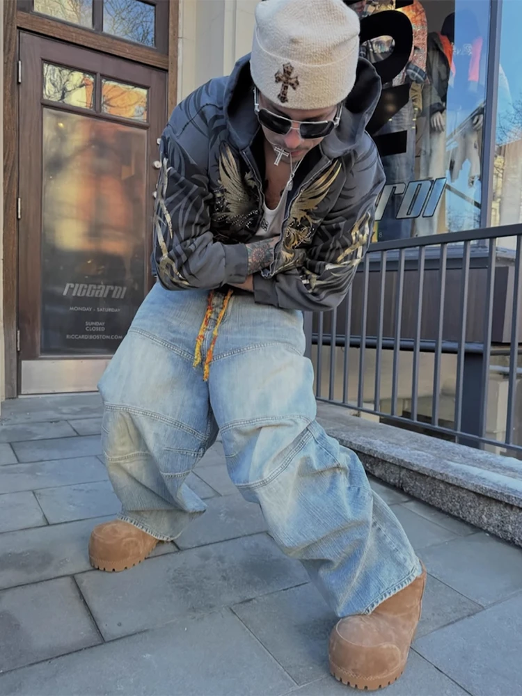 

Мужские джинсы в парижском стиле с цветовыми блоками, на шнурке, до колена, свободного кроя, для уличной моды, повседневные, из хлопка, прямого силуэта, свободного кроя