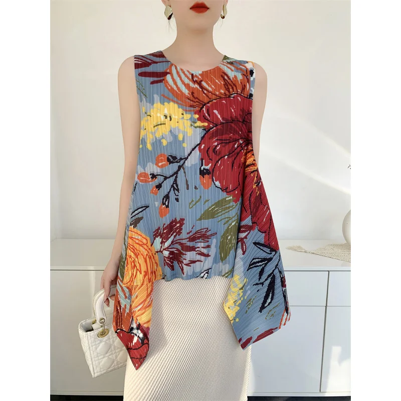 Miyake Damen-High-End-Plissee-T-Shirt mit lockerem und großem Schwungdruck im chinesischen Stil, schlankmachend und vielseitig, Nischendesign[S-1037F]