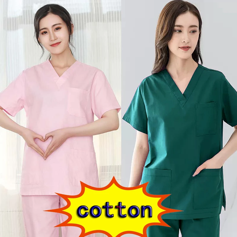 

Plug Size Nursing Uniforms Cotton Women Scrub Top Short Sleeve Medical Clothes Doctor Workwear Surgical Overalls Plug Size Vet