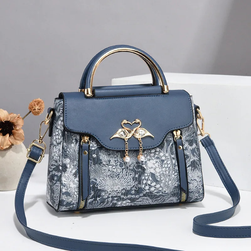Classic Top Handle Satchel with Swan Rhinestone, Convertible Crossbody Bag with Detachable Strap for Elegant Women's Handbag