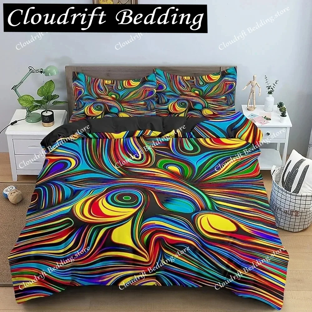 Geometric Bedding Set Twin Full King Queen Size Psychedelic Abstract Duvet Cover Set for Kid Teens Polyester Quilt Cover