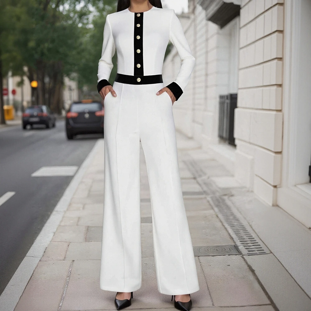 

Women's Casual Autumn Jumpsuits Long Sleeve round Neck Full Length Straight Loose Fit Daily Plain Button up One-Piece