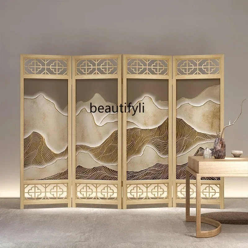 New Chinese-style folding screen partition living room entry semi-transparent yarn bedroom block mobile landscape folding screen