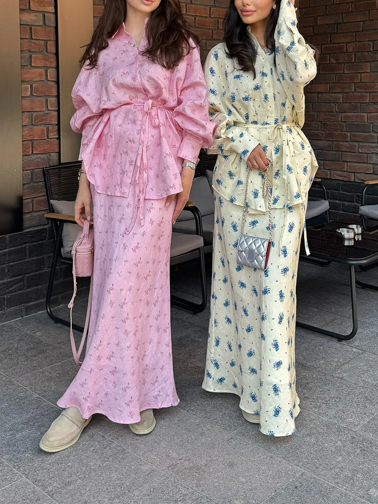 

Модный комплект из рубашки с отложным воротником на пуговицах и длинной юбки 2026: женский повседневный костюм из 2 предметов с длинным рукавом, элегантный цветочный принт, праздничный наряд