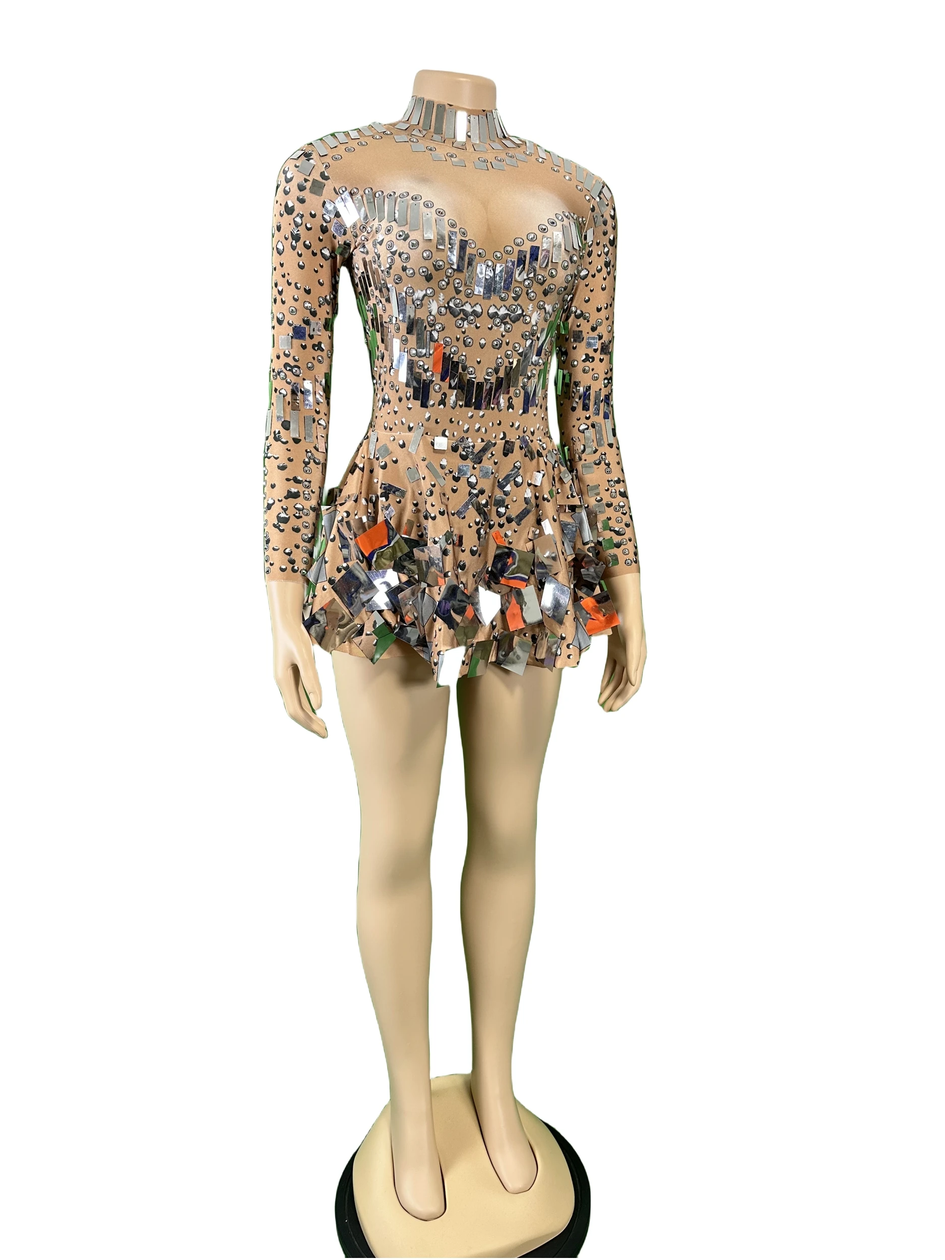 

2025 Carnival Rave Festival Outfit Women Stunning Mirror Sequins Stretch Mini Dress Performance