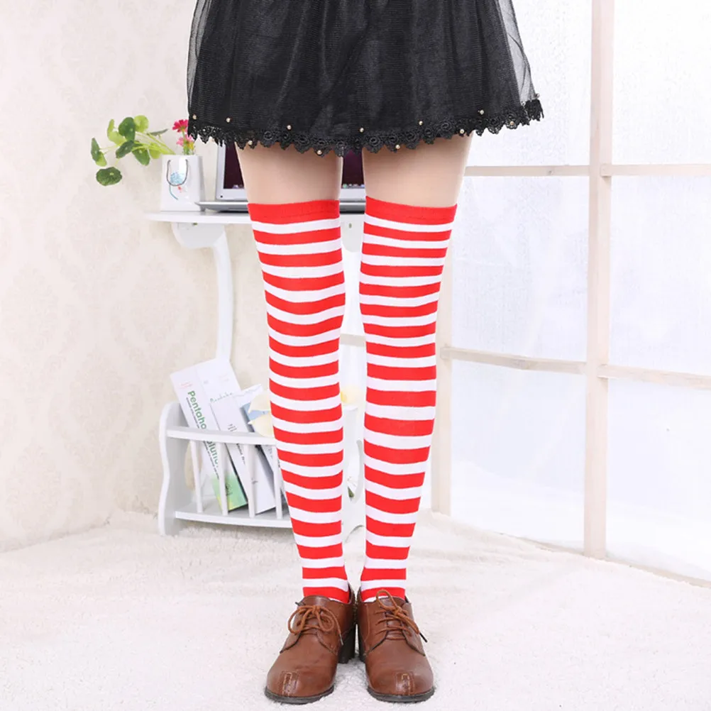 Knee High Stockings Women One Size Red and White Striped Long Socks for Cosplay Fancy Dress Winter Warm Stylish Outfit Essential