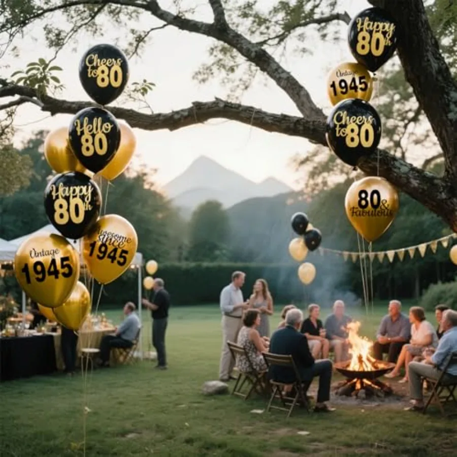 80번째 생일 장식용 풍선, 남녀 공용 블랙 골드 12인치 라텍스 콘페티 풍선 24개, 1945년 파티용