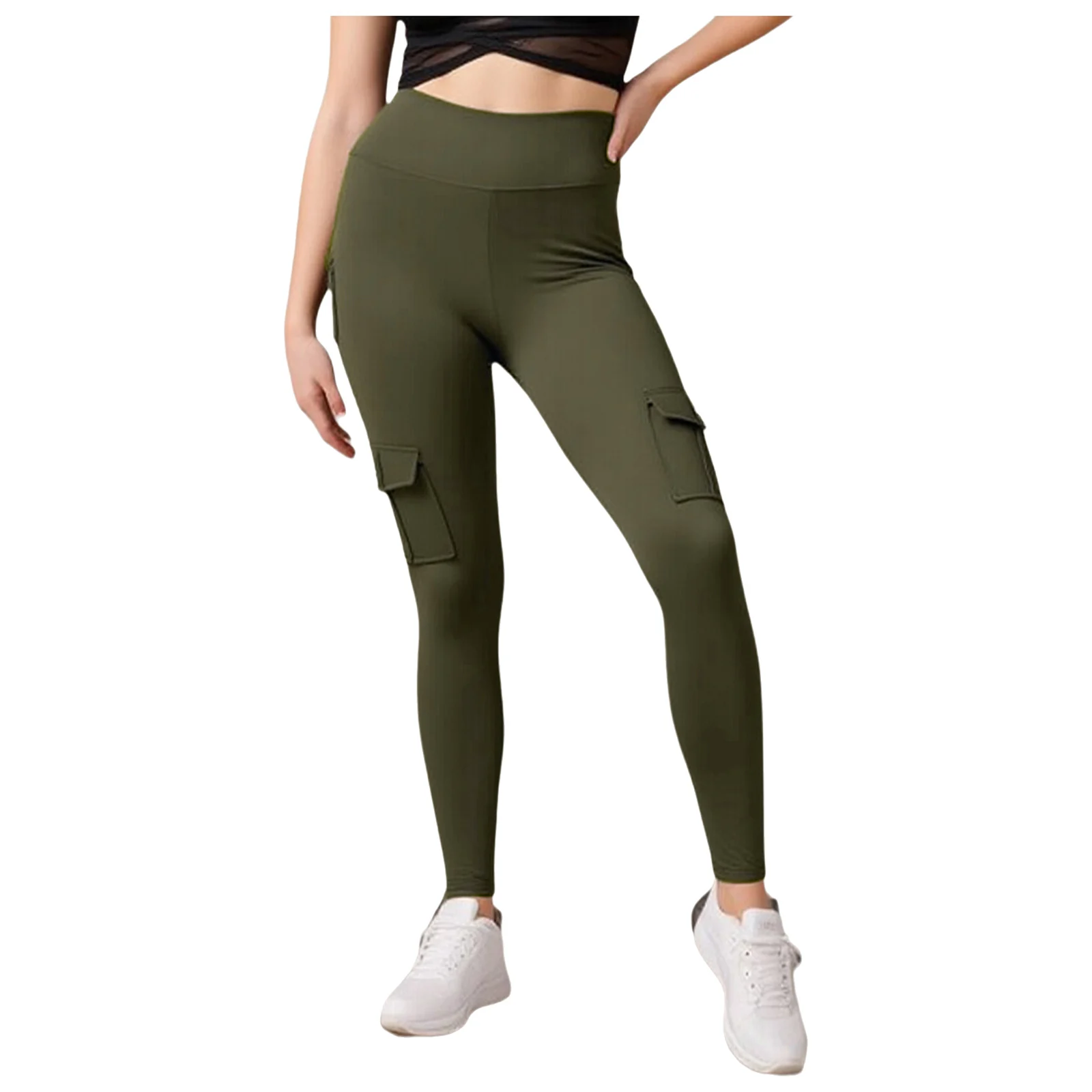 

Women High Waist Cargo Pants Elastic Waistband Yoga Leggings with Flap Pockets for Workout Gym Fitness Running Sport Pants