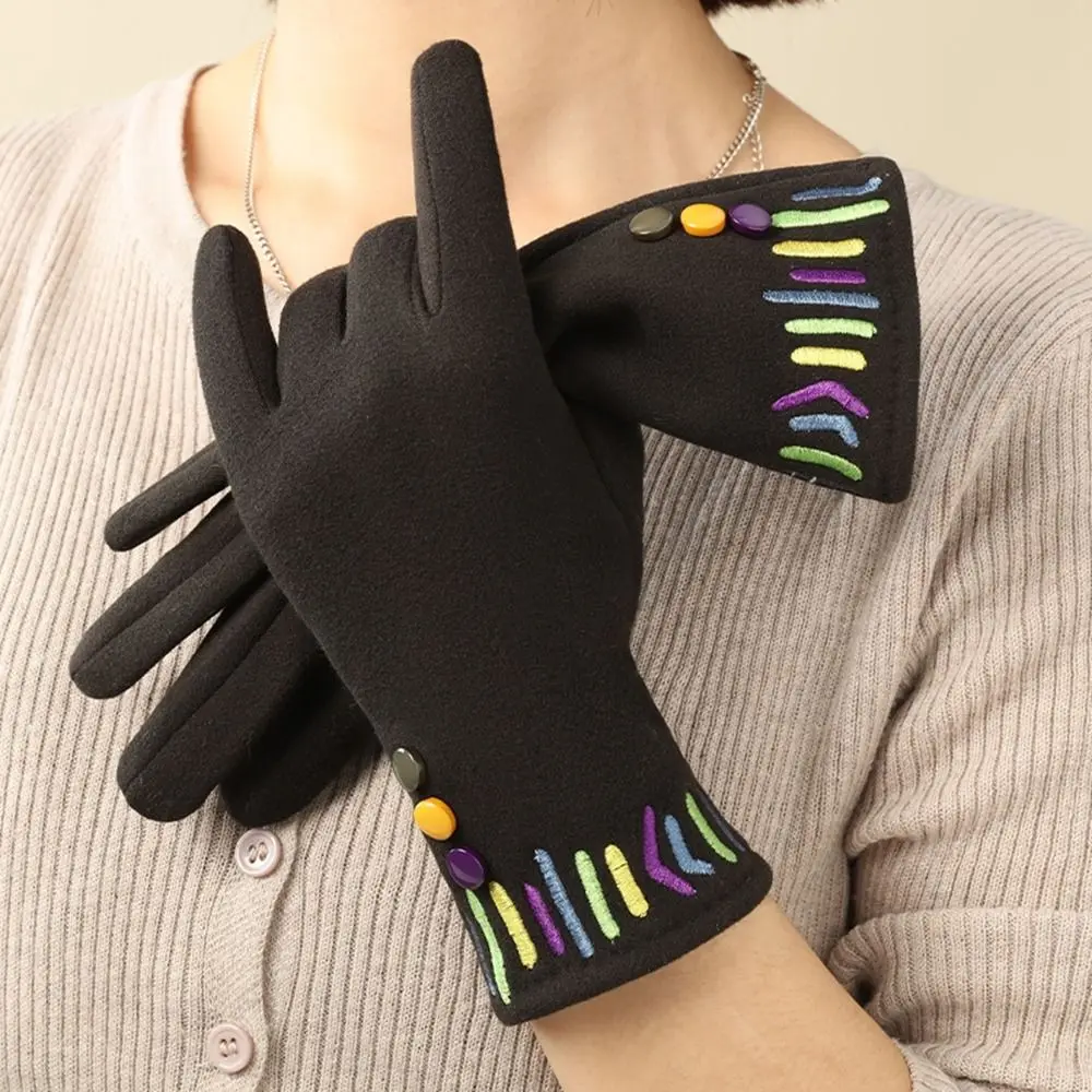 หนาผู้หญิงหนังนิ่มกํามะหยี่ถุงมือสีทึบ Full Finger Touch Screen ถุงมืออุ่น Windproof ฤดูหนาว Mittens ขี่จักรยาน