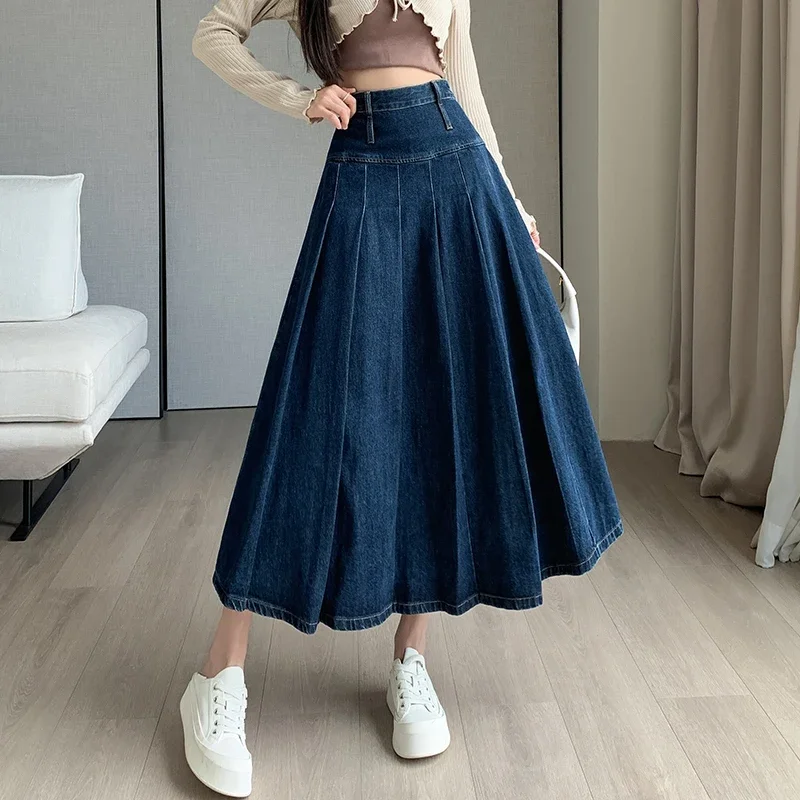 Chic Pleated Jeans Skirts 2024 Spring Autumn High Waist Long Washing Ladies Straight Women Loose Denim Midi Skirts