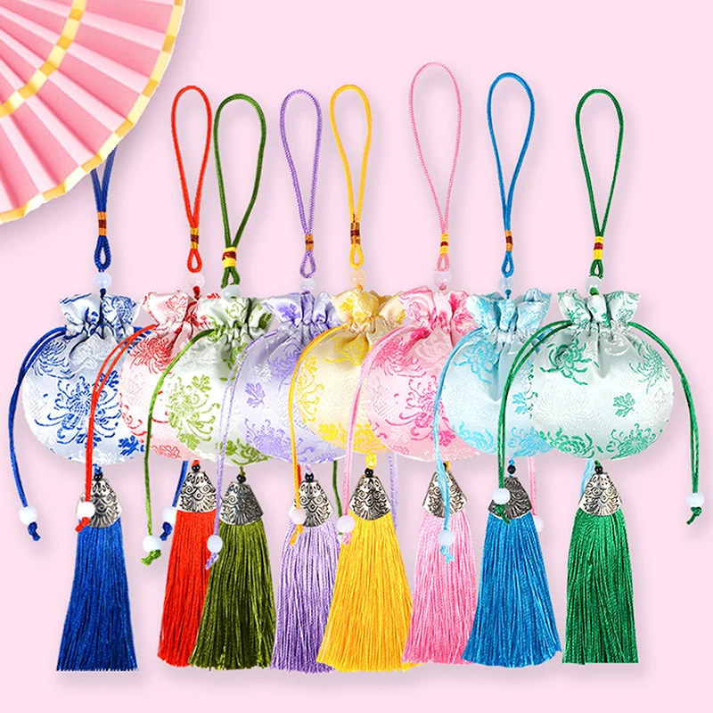 Sachet Empty Bag Chinese Style Jewelry Storage Bag Chrysanthemum Pattern Embroidery Sachet Lucky Tassel Drawstring Bag