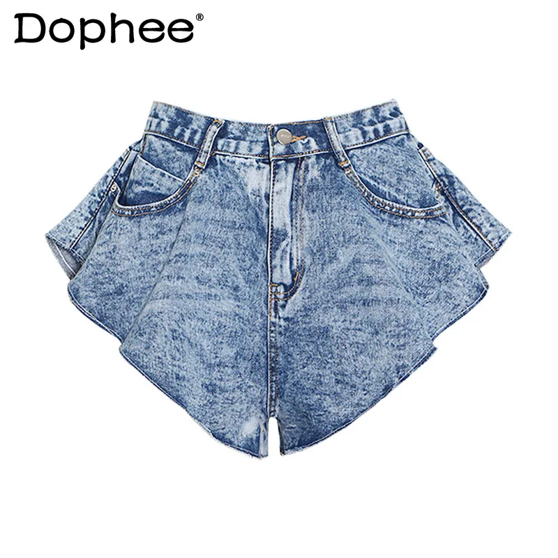 

Fashion Wide Leg Shorts Sexy Girl 2024 Summer New Sweet Hand Cut Ruffled Shorts High Waist Slimming Baggy Denim Shorts Women