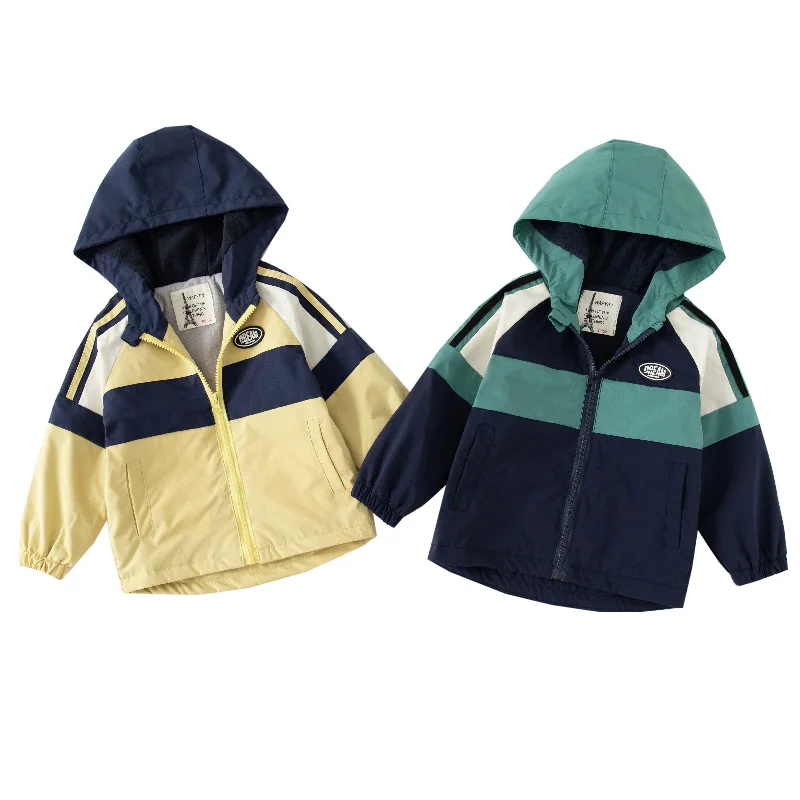 

New 2023 Autumn Thickened Jacket for Boys Windproof Hooded Coat Korean-style Splice Color Children's Clothes