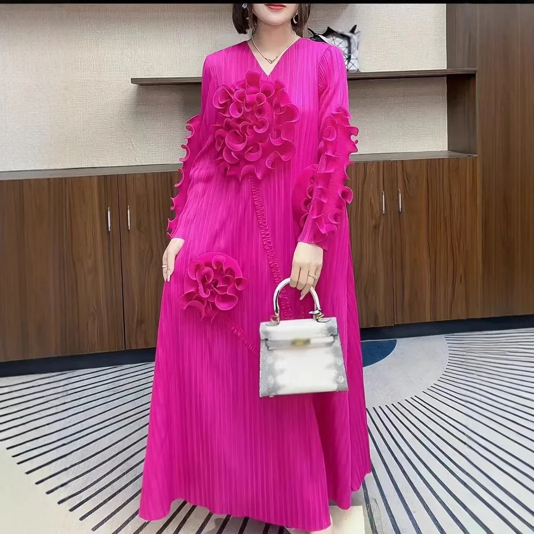 

Miyake Pleated Solid Color Hand-cranked Flower Long-sleeved Embroidered Long Pullover Dress High-end Fungus Edge Dresses Women