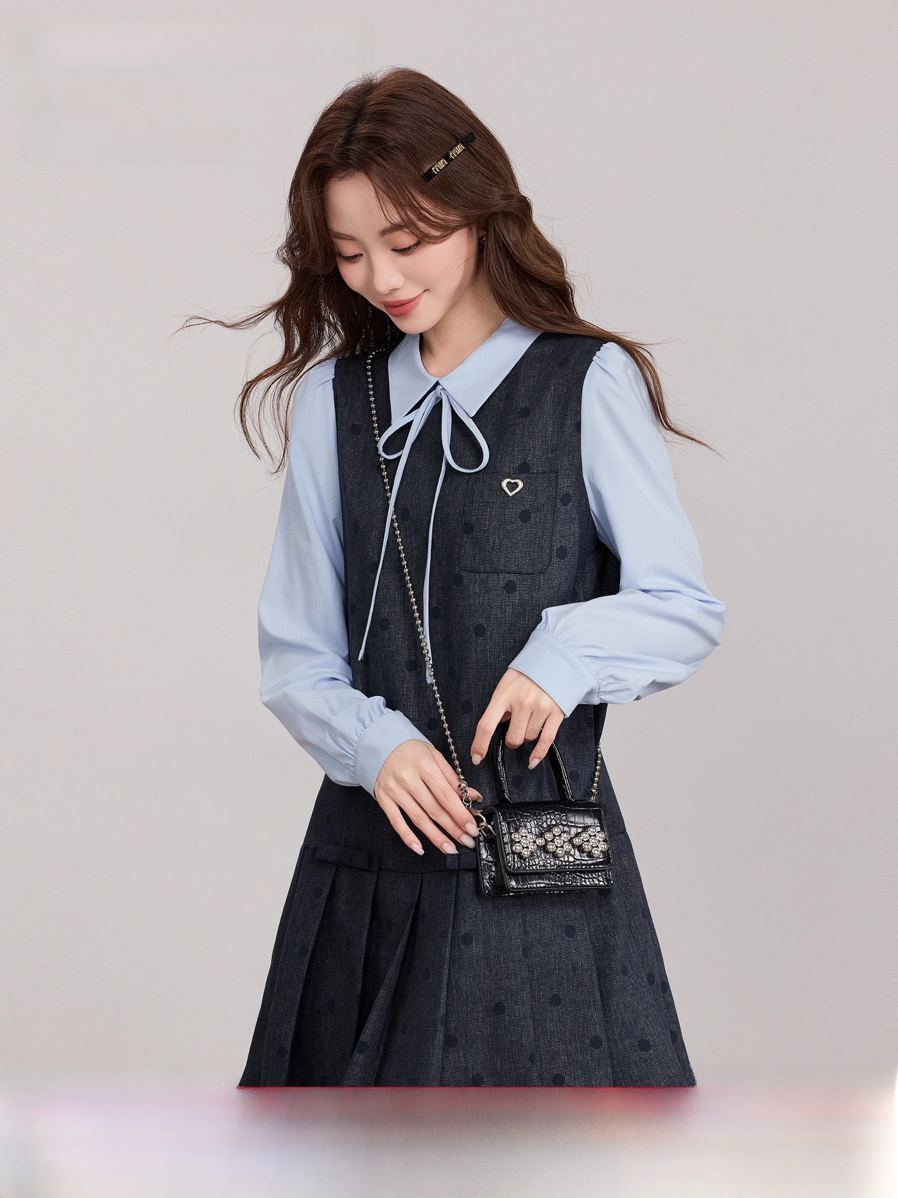 

Lingjiu ey Blue Dot Fake Two-Piece School Sle Women's Dr Autumn Winter High Waist Cotton Polyester Blend A-Line S...