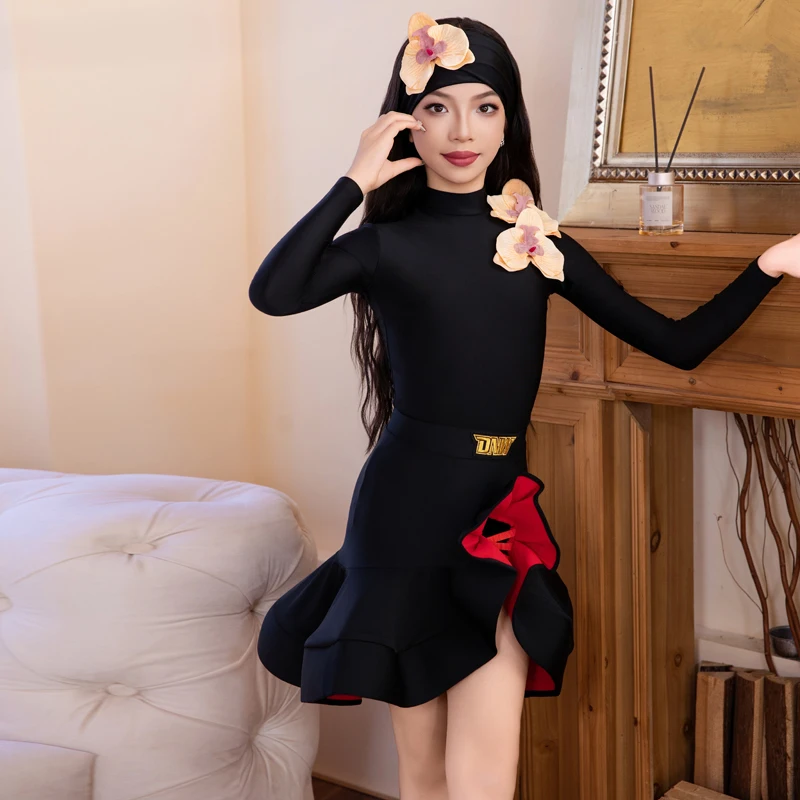 2025 novas roupas de competição de dança latina para meninas preto manga comprida saias grandes balanço terno chacha rumba trajes latinos xh3780