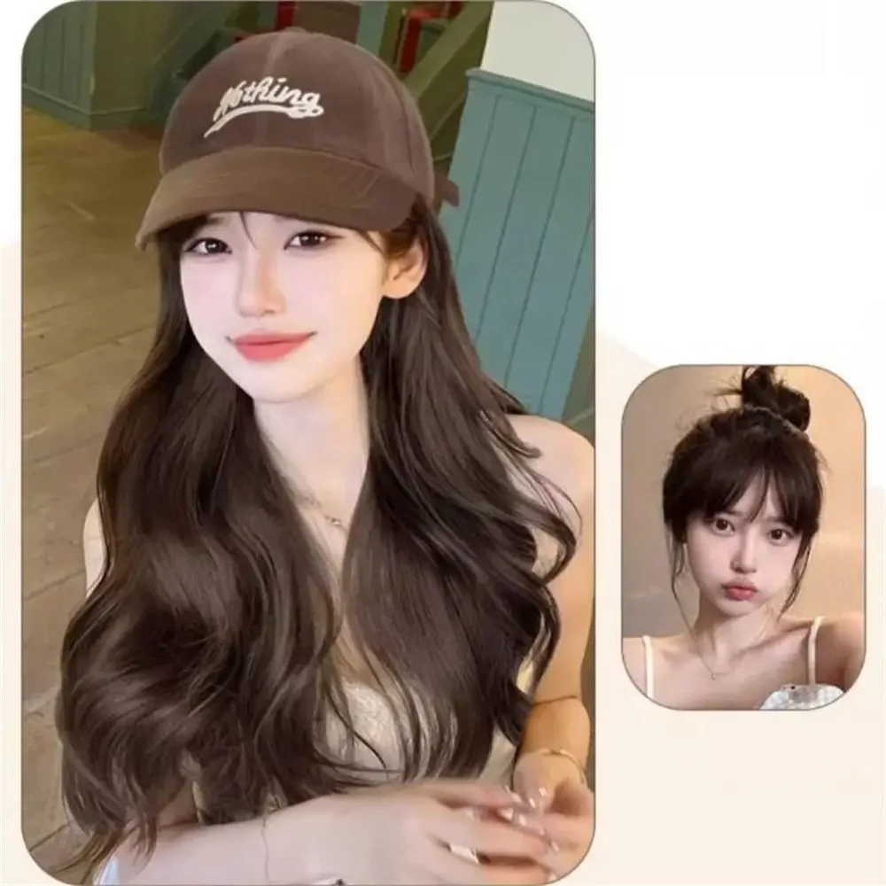 2024 Women Fashion Wigs 45cm One-piece Women Long Curly Hair Wig with Brown Baseball Cap