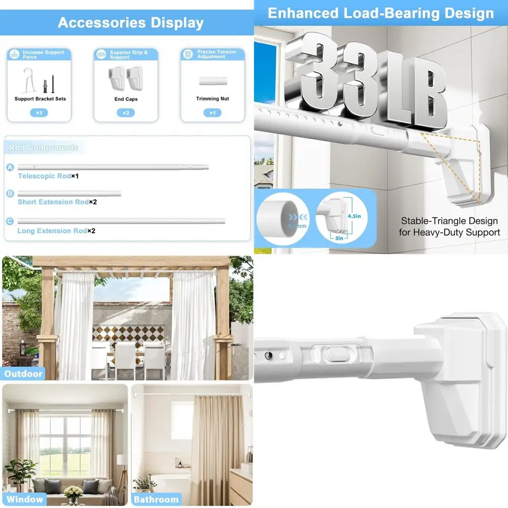 

185 Inch Non-Drilling White Shower Curtain Rod - Extra Long Heavy Duty Adjustable for Windows, Patio, and Bathrooms