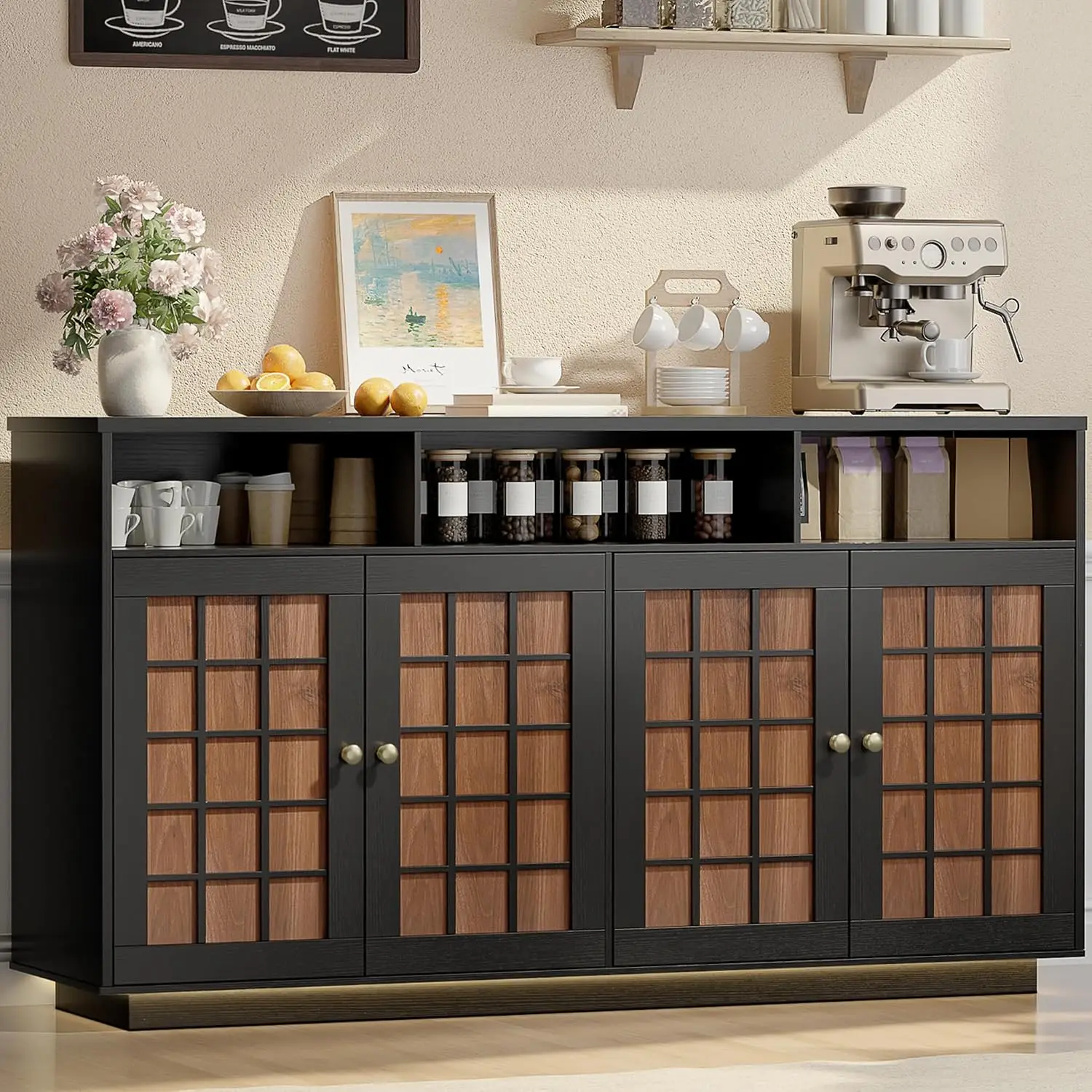 Sideboard Buffet Cabinet With Charging Station & LED Light, Coffee Bar Storage Cupboard For Kitchen Dining Room, Customized