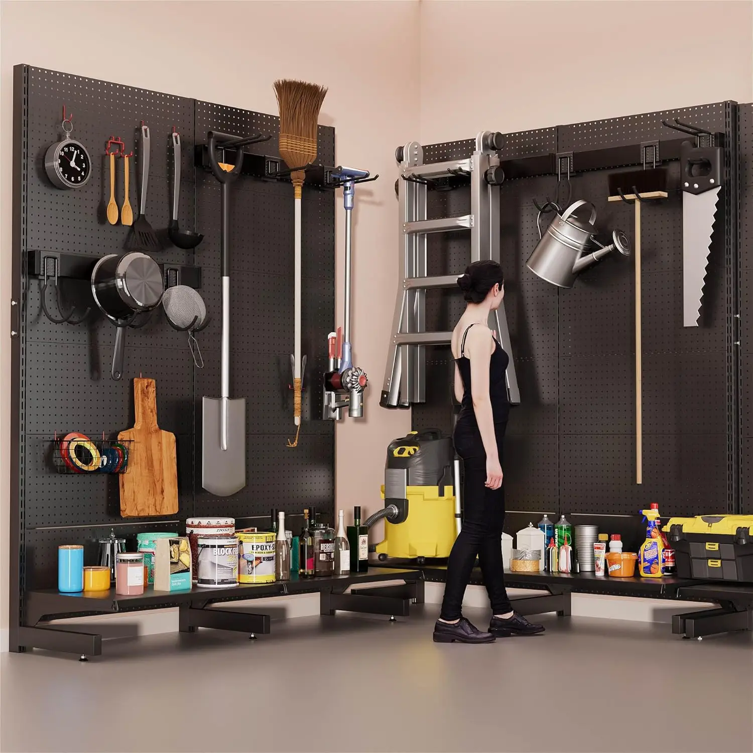 Garage Pegboard Tool Organizer Free Standing, Organizer Storage Rack With 21 Pegboard Storage Set Max 300 Lbs Super Heavy