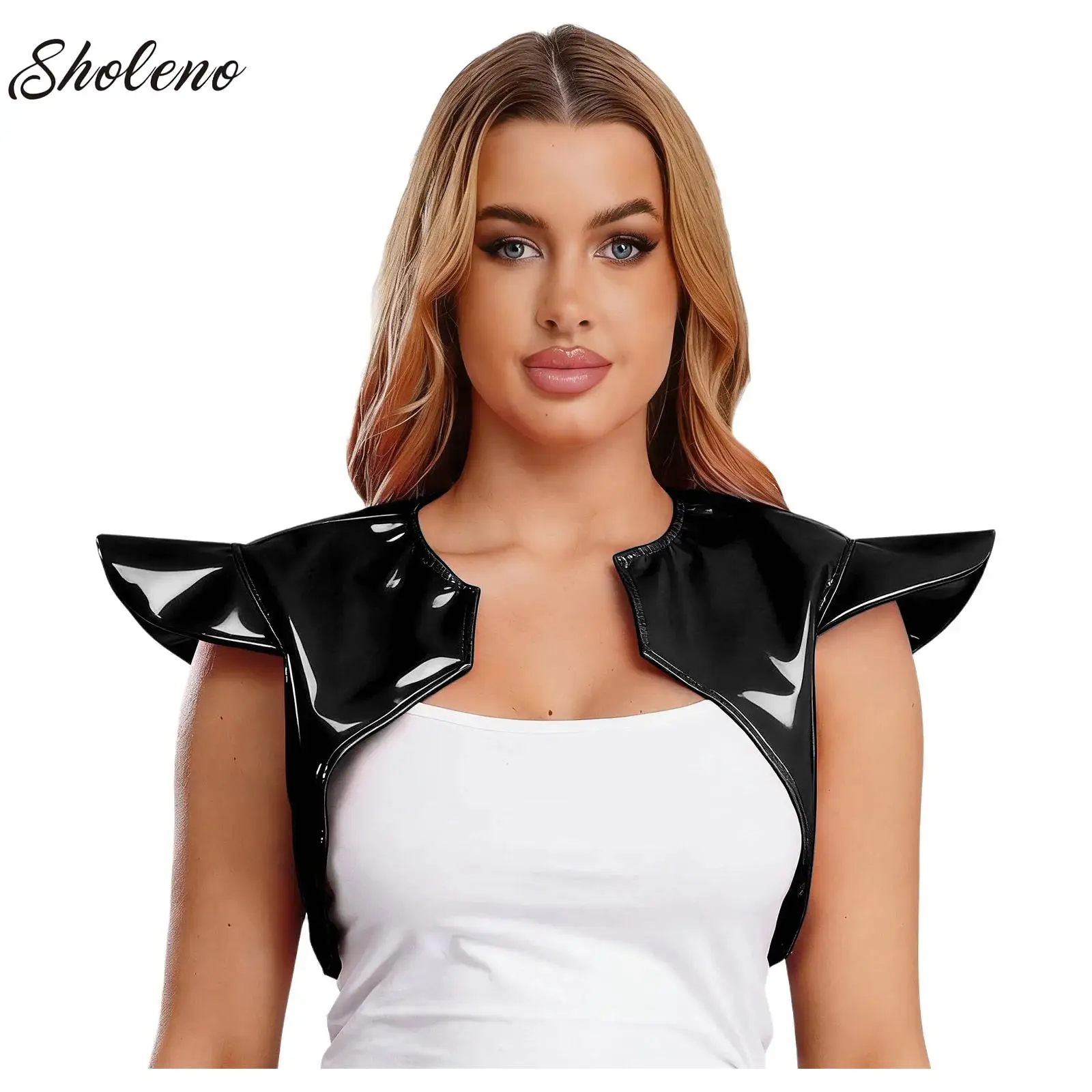 

Patent Leather Cap Sleeves Shrug Top Womens Open Front Asymmetrical Hem Shoulder Armor Vest for Nightclub Halloween Theme Party