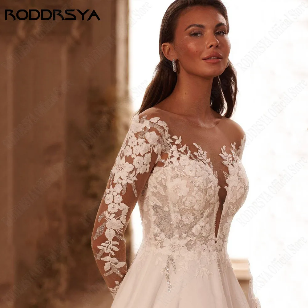 Vestido de novia de manga larga bohemio roddrsya 2024 chiffon con aplicación de botones RODDRSYA-Vestido De Novia bohemio De manga larga, traje De gasa con apliques, cuello redondo, botones en la espalda, línea A, 2024