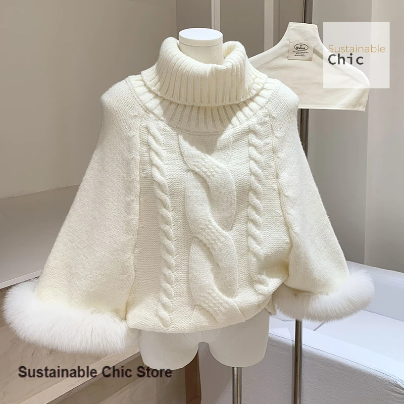 French-style lazy wind twist knitted cloak sweater women's loose high-necked bottoming shirt cuff fluffy Bat sweater in winter