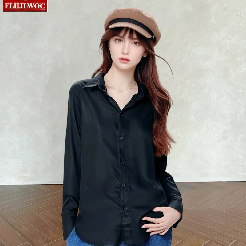 

Elegant Classic Black Shirts Fall Woman Office Lady Basics Wear European Style Loose Vintage Button Up Women Long Sleeve Top
