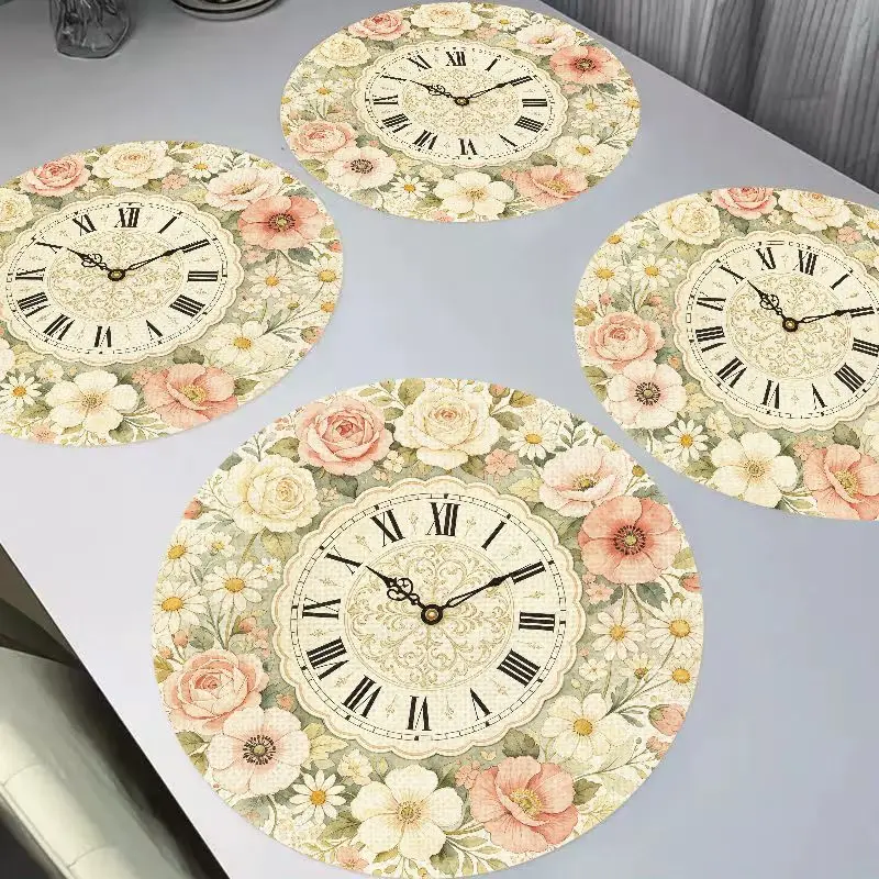 Vintage Roman Clock Pink Rose Floral Antique Round Placemats Heat Resistant Washable Non Slip Elegant Kitchen Dining Decor