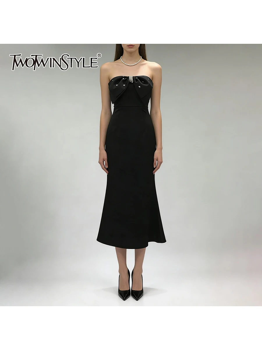 Twotwinstyle sólido emagrecimento emendado bowknot vestidos para mulheres sem alças sem mangas cintura alta vestido elegante moda feminina nova