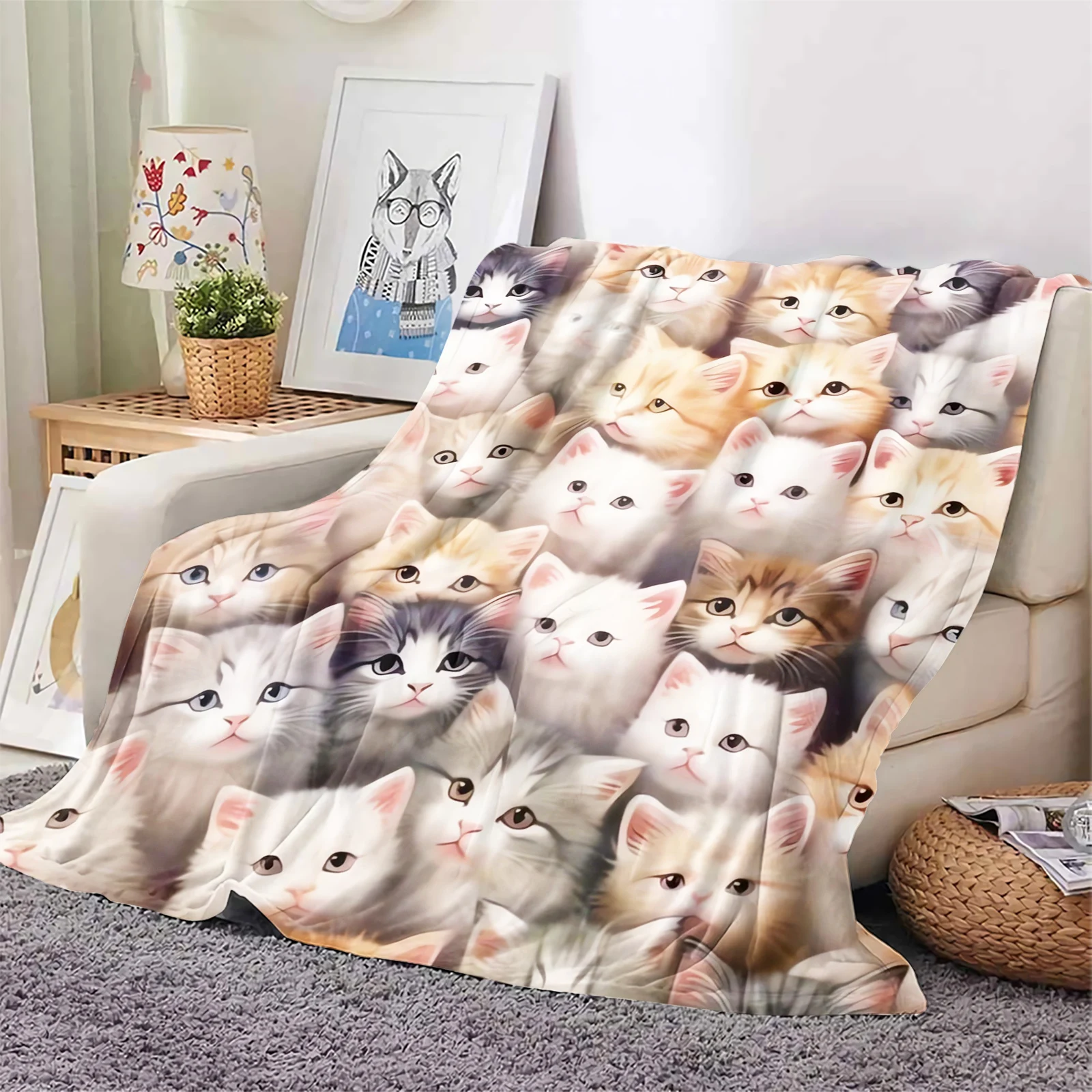 

HX Animals Cats Flannel Blankets Funny Cute White Cats Kitten Thin Throw Blanket Office Nap Portable Camping Quilt Dropshipping