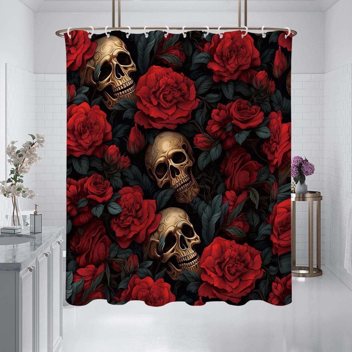 1pc  waterproof fabric curtain with Halloween skull rose  elements, suitable for bathrooms or kitchens