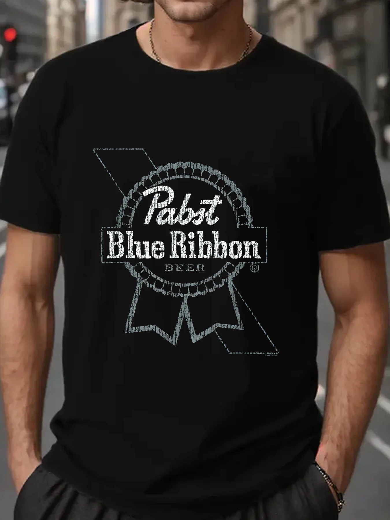 Pabst Blue Ribbon Beer Black and  Crackled Ribbon Logo Premium Man Tops New Men T shirt Cotton Print Tee Tops Fashion Clothing