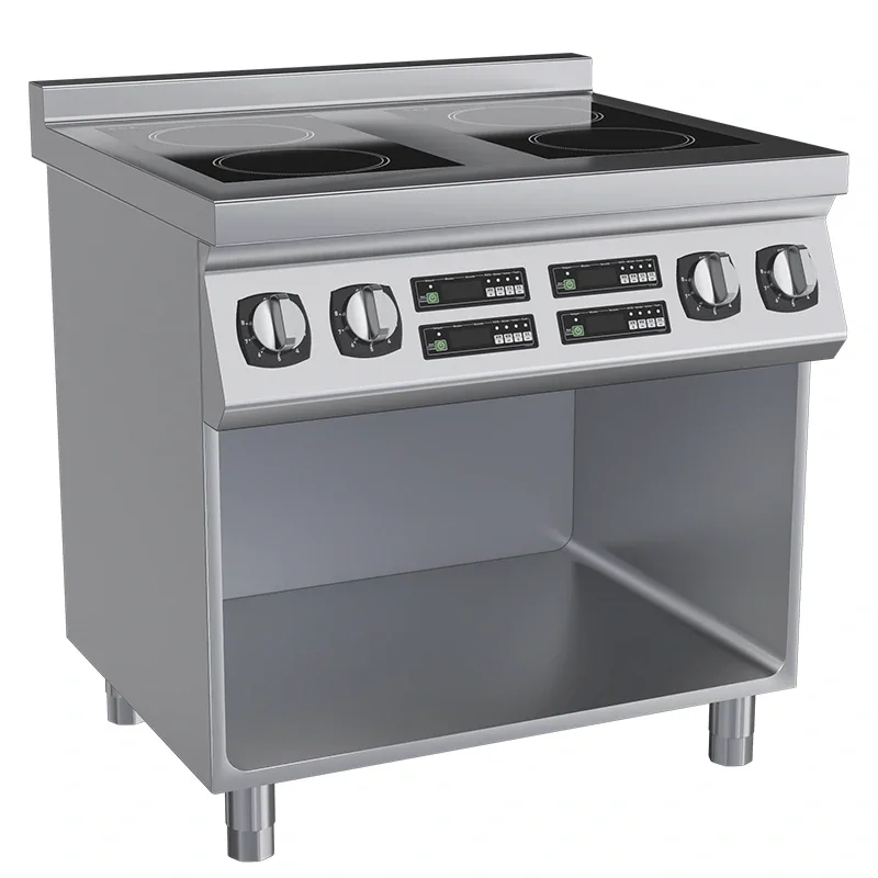 

High-Power 4 Burner Induction Cooker Commercial Restaurant Cooking Range Station with Open Cabinet Stainless Steel Heavy-Duty