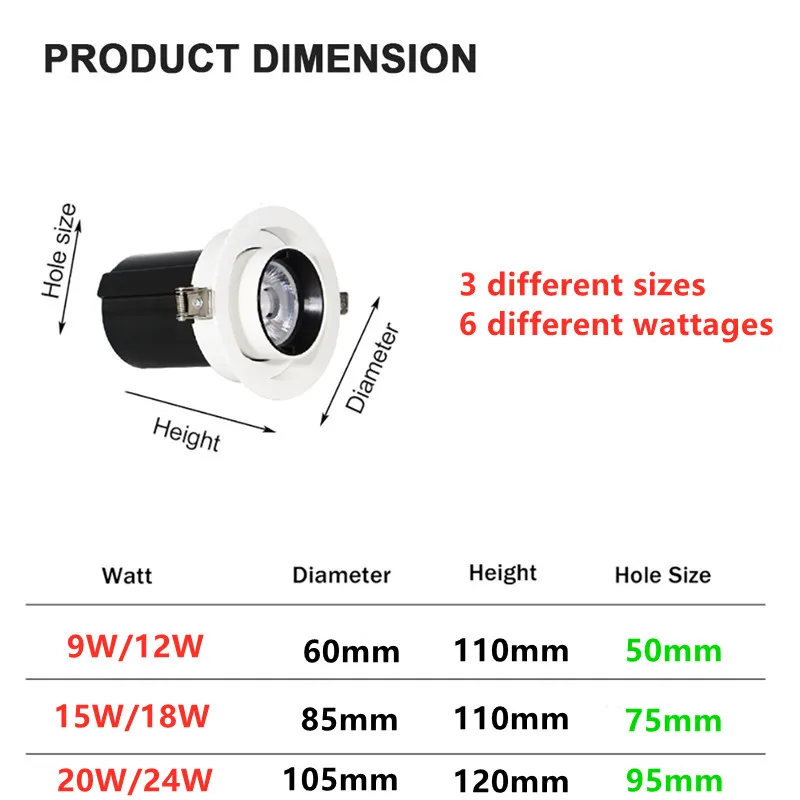 1Pcs NEW Style LED Aluminum Recessed Rotating Downlight 9W/12W/15W/18W/20W/24W Chip COB Spot Light Ceiling Lamp AC85-265V