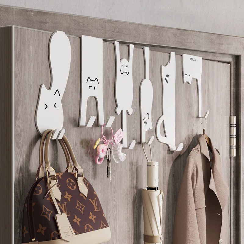 

6pcs Cute Cartoon Cat Behind Door Hook Home Punch Free Kitchen Bathroom Cabinet Hanger Multi-purpose Iron Key Hat Clothes Hook