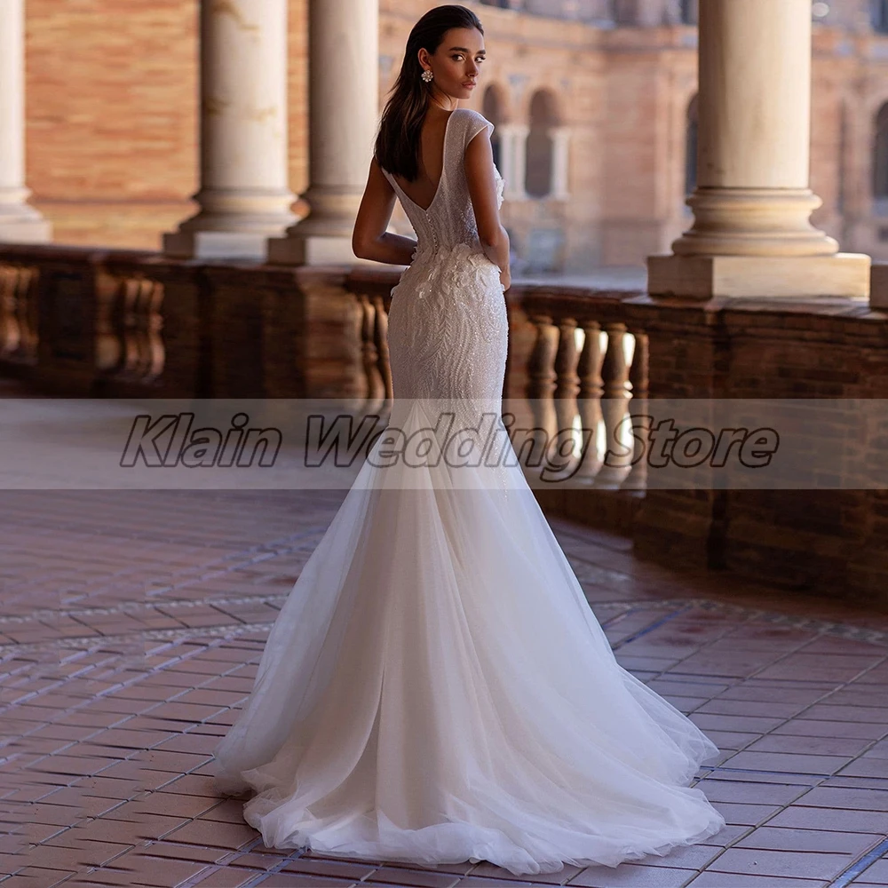 Vestido de novia personalizado de tul sirena de lujo Weilinsha para novias 2024 Sexy cuello en V profundo manga casquillo nupcial con lentejuelas personalizado