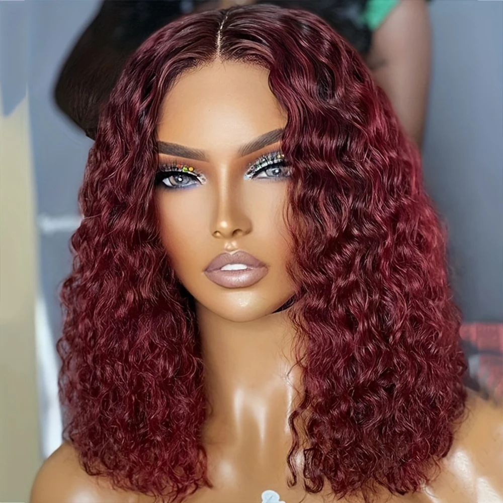 

99J Burgundy Deep Wave Bob Wigs 13x4 Lace Frontal Curly Wig 220% Density Transparent Lace Red Wigs 100% Human Hair 14 18 Inch