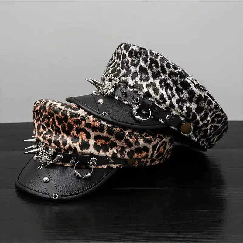 Unisex Punk Flat Top Captain Hat Y2K Leopard PU Leather Cap Spike Rivet Spider Decor Hip Hop Gothic Party Streetwear Newsboy Cap