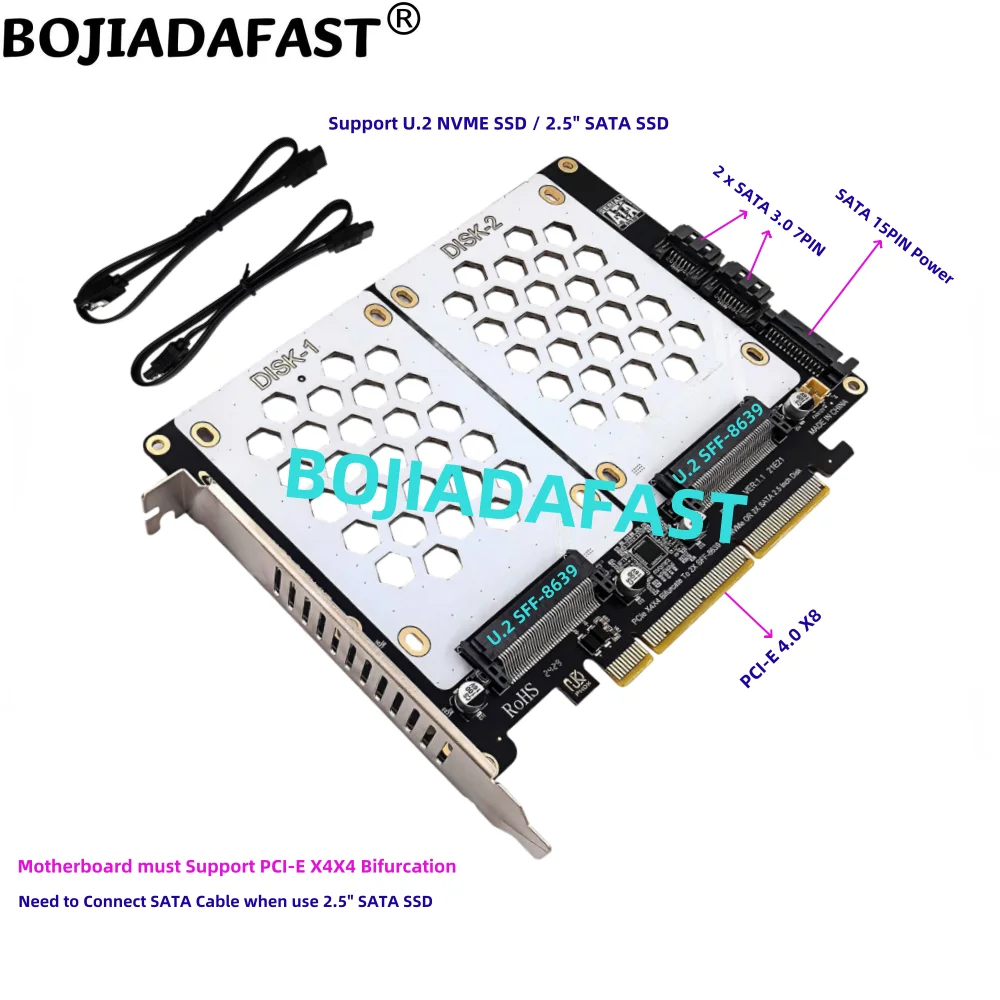 

PCI-E 4.0 8X To 2 x U.2 SFF-8639 U2 NVME & 2.5" SATA SSD Converter Adapter Card - Motherboard Support PCIe x4x4 Bifurcation