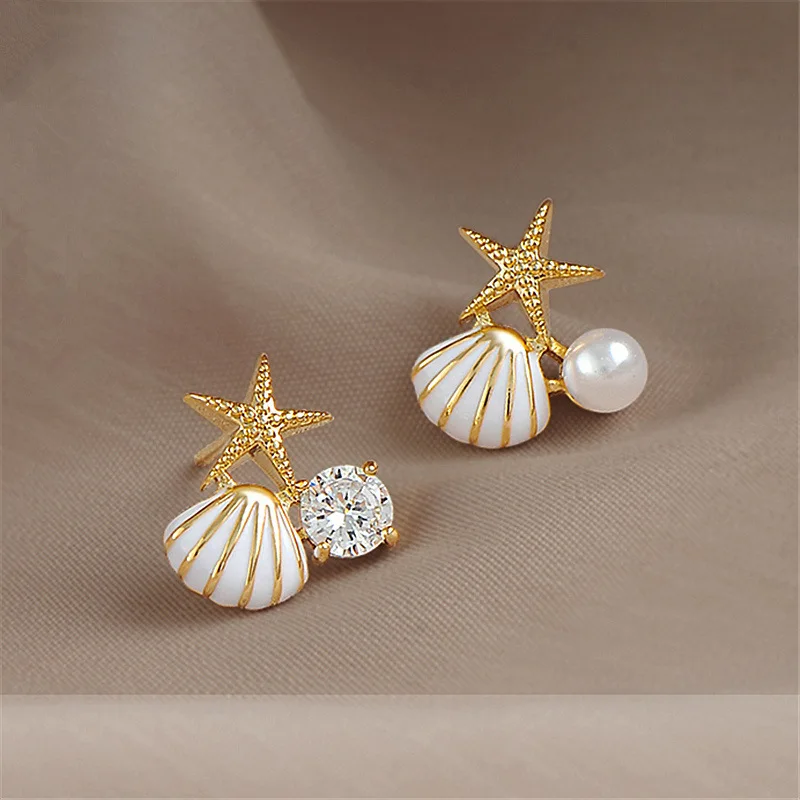 Pendientes de Estrella de Mar con Concha Blanca y Rosa para Mujer, Lindos, Asimétricos, con Perlas de Imitación, Diamantes de Imitación y Cuentas, Pequeños Adornos para la Oreja