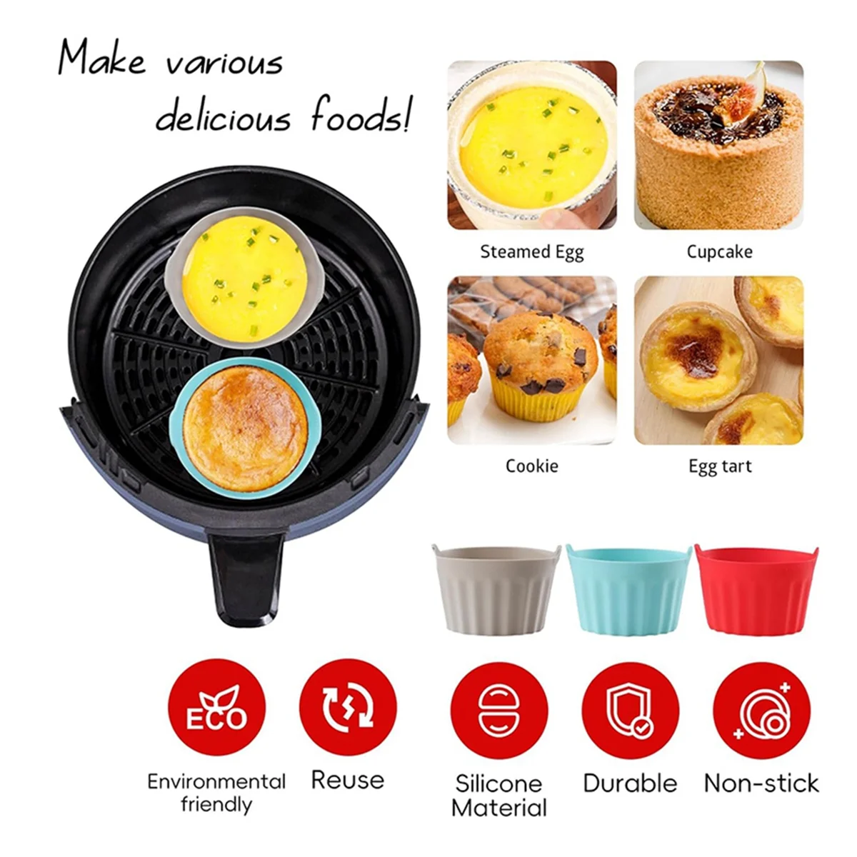 

A66Z Silicone Air Fryer Mold, Oil-Free Fryer Tray, Muffin Cup Mold, Oven Cake Mold, Egg Tart Mold, Air Fryer Accessories