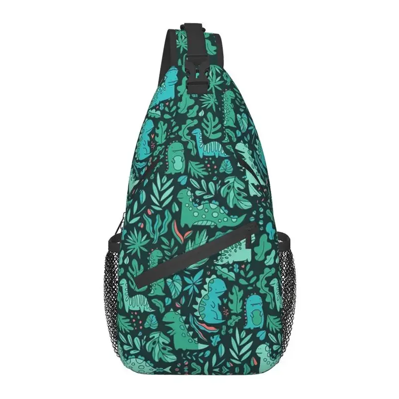 Cute Dinosaurs And Tropical Leaves Sling Crossbody Backpack Men Custom Animal Chest Shoulder Bag for Cycling Camping Daypack