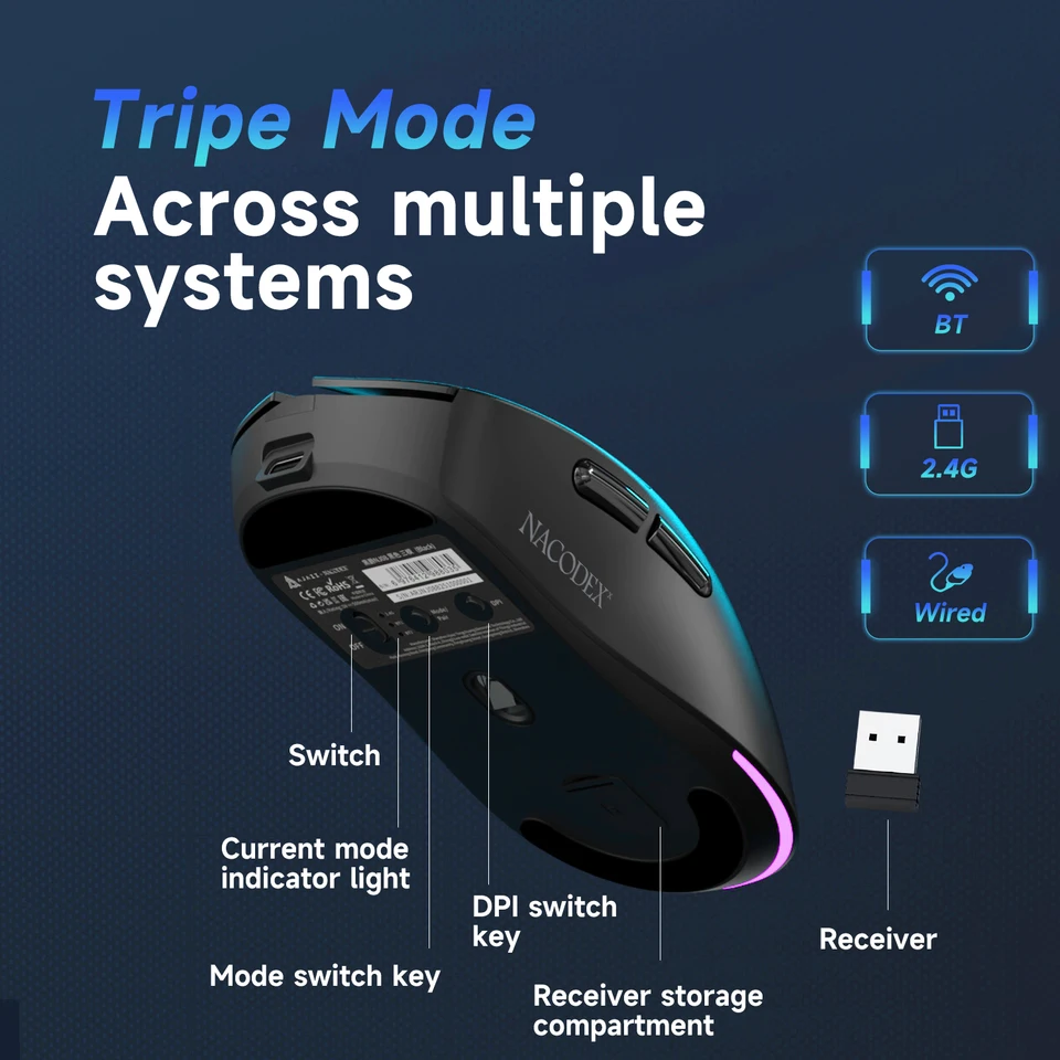 AJAZZ NJ08 Wireless Three-Mode Mouse All-round type ABS 12800DPI