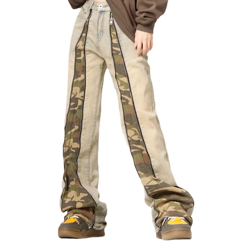 Double Zipper Distressed Straight Camouflage Contrast Color Stitching Jeans Women's Pants Retro Loose Hip Hop Trousers