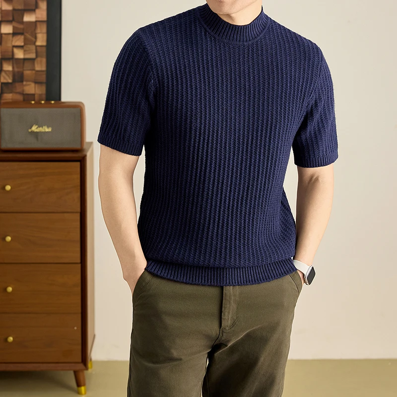 Half High Neck Short Sleeved T-shirt for Men, Summer New Item, Solid Color Knitted Half Sleeved Top for Men