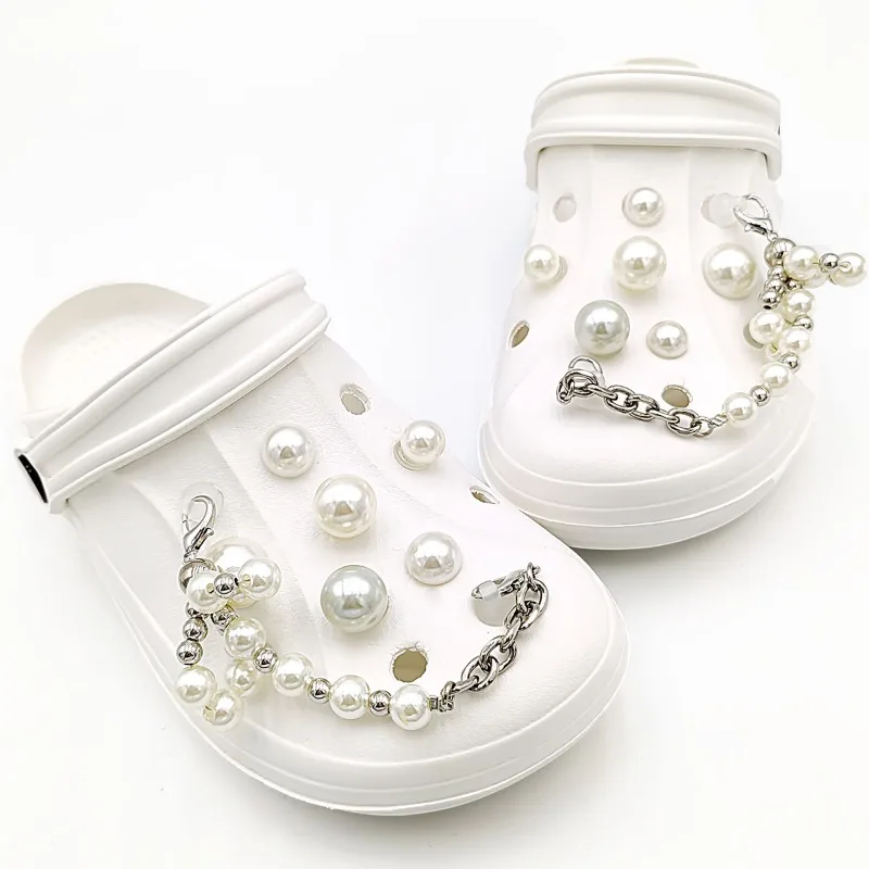

14PCS Fashion Shoe Charms Set Accessories Hole Shoe Buckle Shining Pearl Chain DIY 3D Shoes Decorations Woman Girls Gift