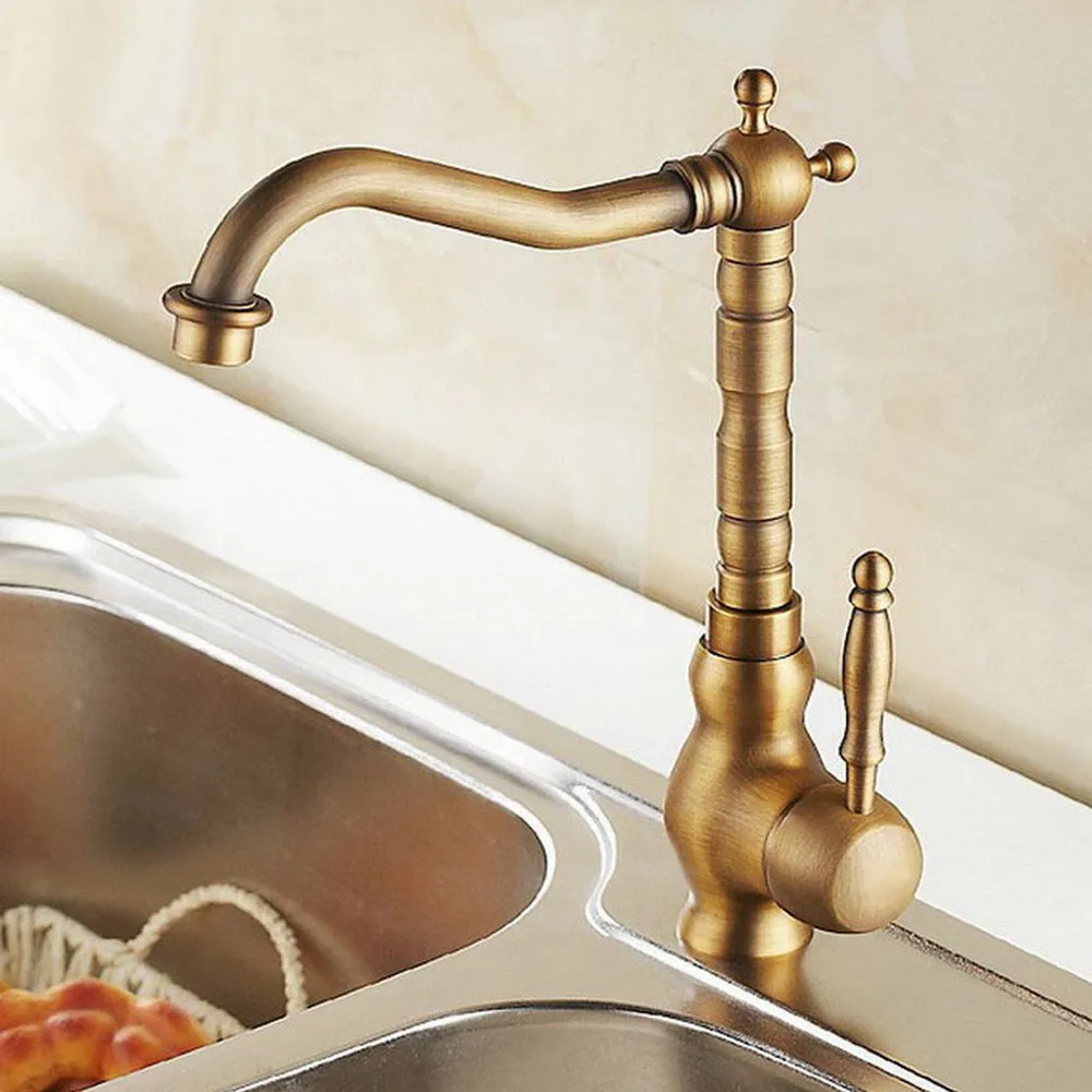 

360 Swivel Spout Kitchen Faucet /Antique Brass Single Handle Single Hole Deck Mounted Vessel Sink Mixer Taps Wsf012