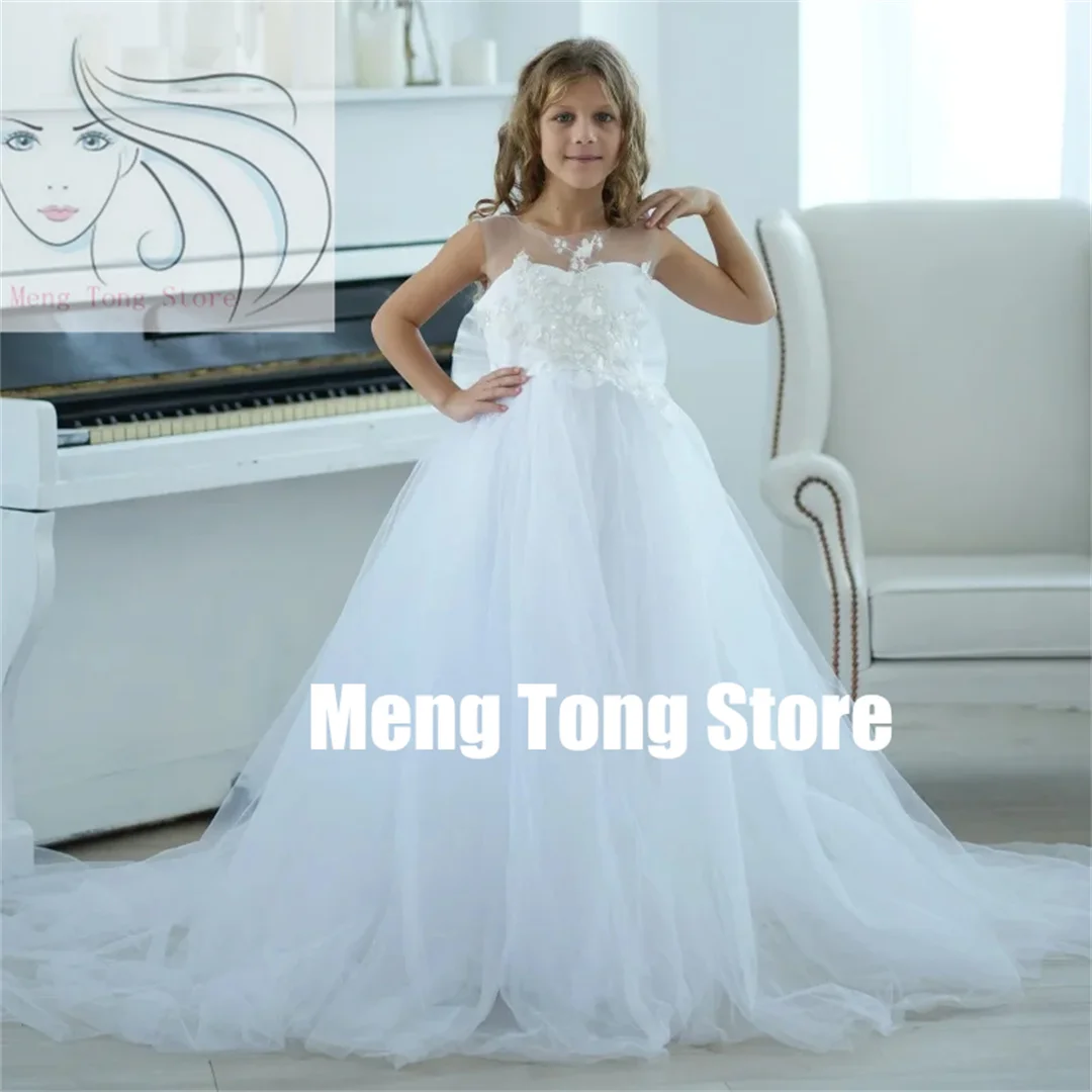 Customization Flower Girl Dresses Tulle Puffy Appliques With Bow Sleeveless For Wedding Birthday Party First Communion Gown