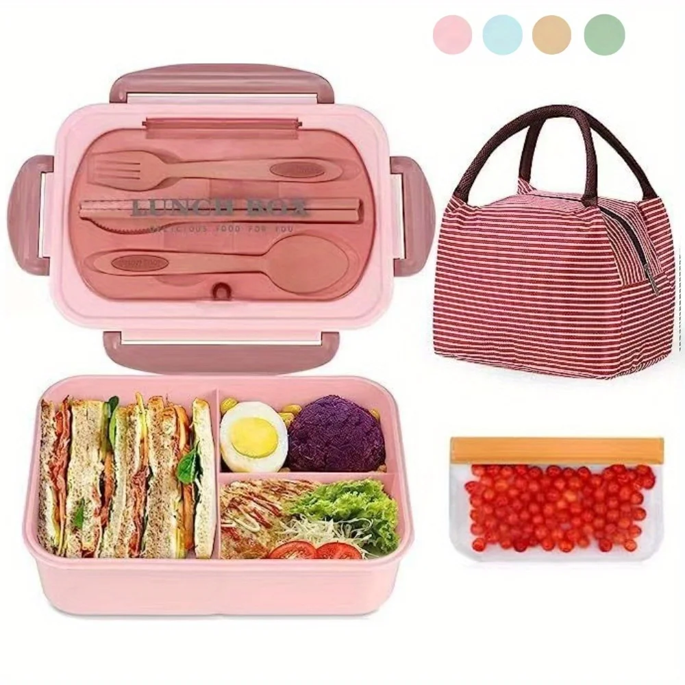 Lunch Box Set With Carry Bag: Microwave-Safe Sections, Rectangular Container For Adults, School & Office Use